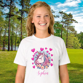 かわいいユニコーン、ピンクのハートと花、カスタムネーム Tシャツ