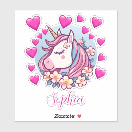 かわいいユニコーン、ピンクのハートと花、カスタム名前 シール (シート)