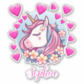 かわいいユニコーン、ピンクのハートと花、カスタム名前 シール (正面)
