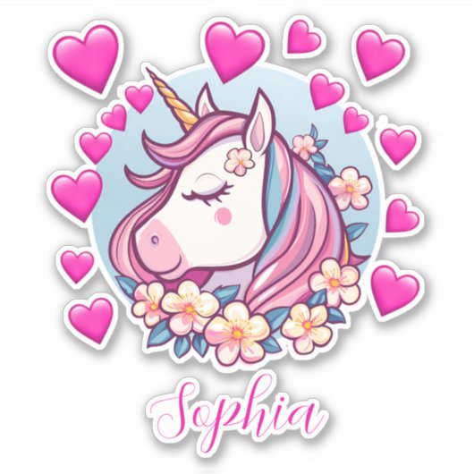 かわいいユニコーン、ピンクのハートと花、カスタム名前 シール (正面)