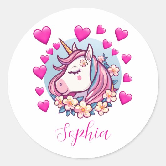 かわいいユニコーン、ピンクのハートと花、カスタム名前 ラウンドシール (正面)