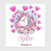かわいいユニコーン、ピンクのハートと花、カスタム名 シール (シート)