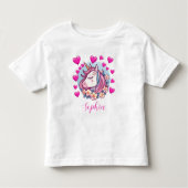 かわいいユニコーン，ピンクのハート&フラワーカスタムネーム トドラーTシャツ (正面)