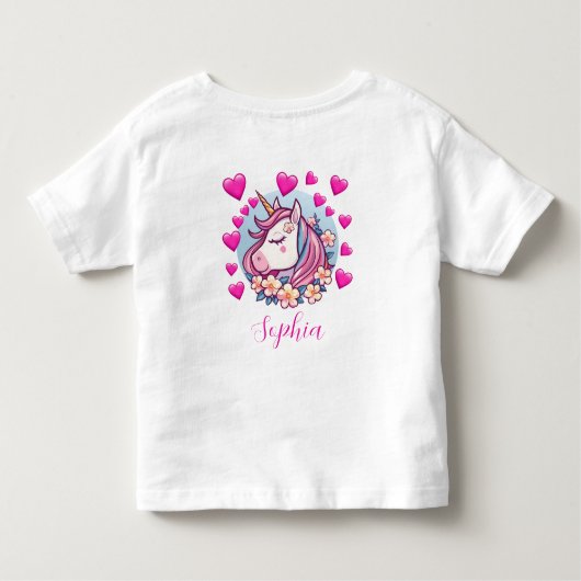 かわいいユニコーン，ピンクのハート&フラワーカスタムネーム トドラーTシャツ (裏面)
