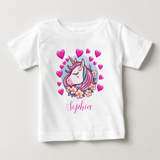 かわいいユニコーン，ピンクのハート&フラワーカスタムネーム ベビーTシャツ (正面)