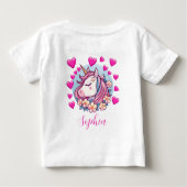 かわいいユニコーン，ピンクのハート&フラワーカスタムネーム ベビーTシャツ (裏面)