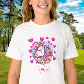かわいいユニコーン,ピンクのハート&フラワーカスタムネーム Tシャツ