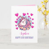 かわいいユニコーン，ピンクのハート，名前任意の年齢誕生日 カード (黄色い花)