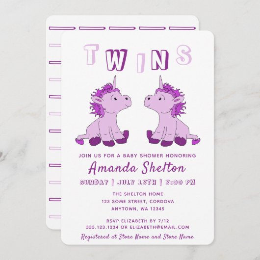 かわいいユニコーン ピンクの双子の女の子のベビーシャワー 招待状 (正面/裏面)