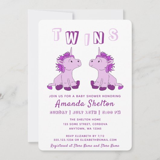 かわいいユニコーン ピンクの双子の女の子のベビーシャワー 招待状 (正面)
