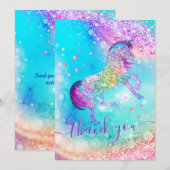 かわいいユニコーン ピンクアクア イリデッセントグリッター ガーリー サンキューカード (正面/裏面)