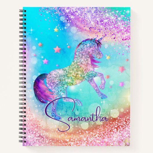 かわいいユニコーン ピンク グリッター レインボー アクア モノグラム ノートブック (正面)