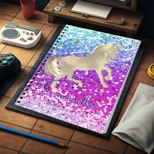 かわいいユニコーン ピンク グリッター レインボー ゴールド モノグラム ノートブック