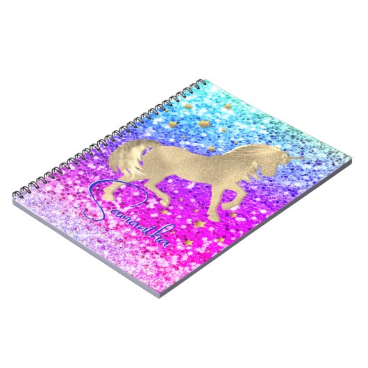 かわいいユニコーン ピンク グリッター レインボー ゴールド モノグラム ノートブック (左側)