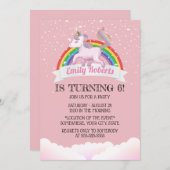 かわいいユニコーン&レインボーピンク誕生日パーティー 招待状 (正面/裏面)