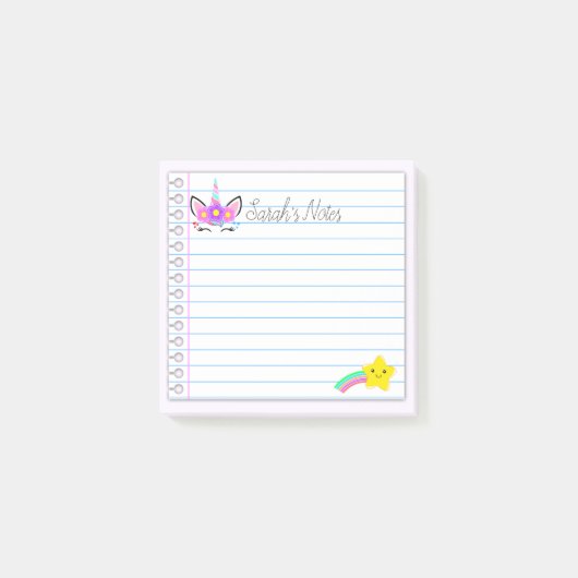 かわいいユニコーン&レインボー射撃、 発砲スター3"x" 3 ポストイット (正面)