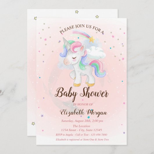 かわいいユニコーン，レインボー，スターベビーシャワー招待状 招待状 (正面/裏面)