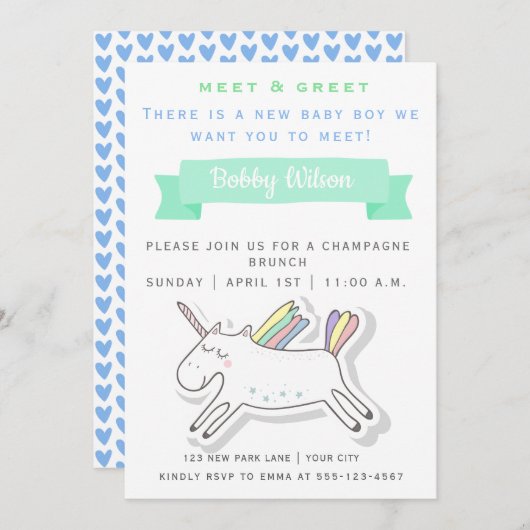 かわいいユニコーン | 新生児ベビーのお出迎え 招待状 (正面/裏面)