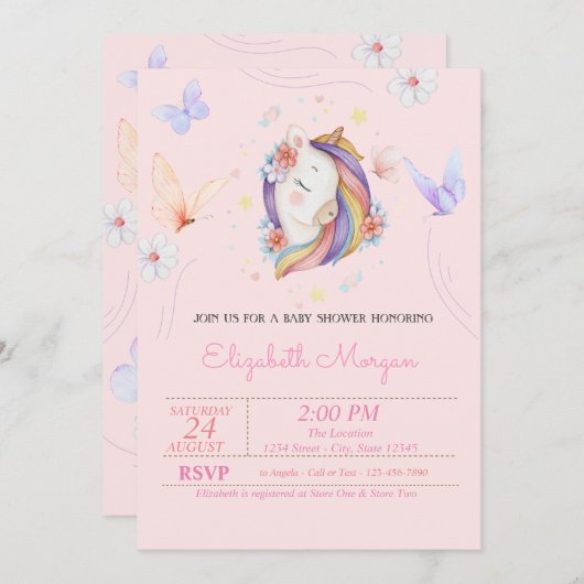 かわいいユニコーン 花と蝶の赤ちゃん歓迎会 招待状 (正面/裏面)