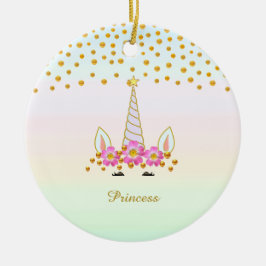 かわいいユニコーン、花と金の紙吹雪 セラミックオーナメント
