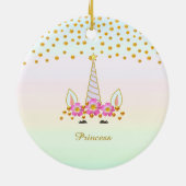 かわいいユニコーン、花と金の紙吹雪 セラミックオーナメント (裏面)