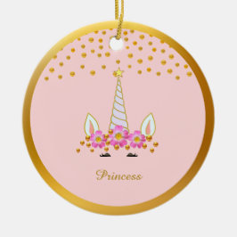 かわいいユニコーン、花と金の紙吹雪 セラミックオーナメント