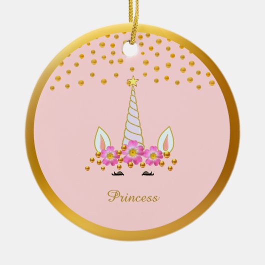 かわいいユニコーン、花と金の紙吹雪 セラミックオーナメント (正面)