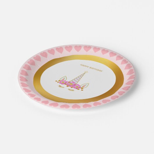 かわいいユニコーン,花と金ゴールド紙吹雪誕生日P ペーパープレート (アングル)