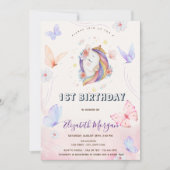 かわいいユニコーン 花 ちょうちょ ストライプ 誕生日 招待状 (正面)