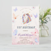 かわいいユニコーン 花 ちょうちょ ストライプ 誕生日 招待状 (スタンド正面)
