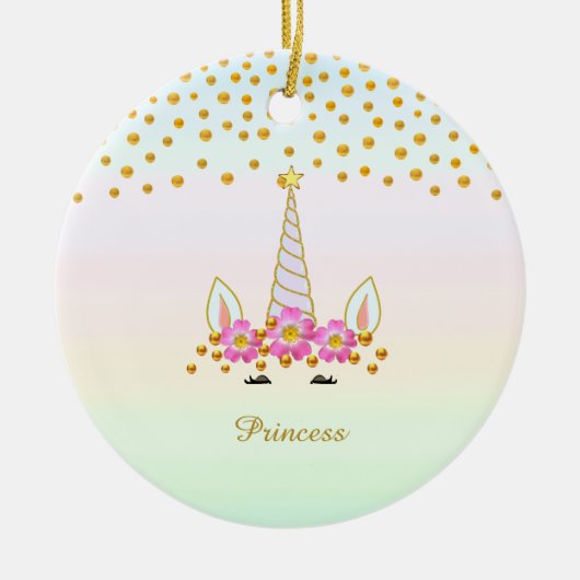 かわいいユニコーン、花＆ゴールドのコンフェッティ セラミックオーナメント (正面)