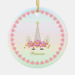 かわいいユニコーン、花、ハート＆ゴールドのコンフェッティ セラミックオーナメント