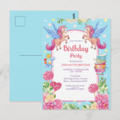 かわいいユニコーン 花 水彩 誕生日 招待状 (正面/裏面)
