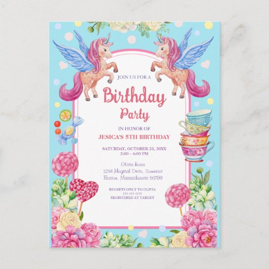 かわいいユニコーン 花 水彩 誕生日 招待状 (正面)