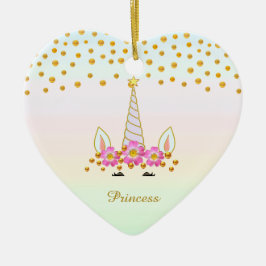 かわいいユニコーン、花+金色の紙吹雪 セラミックオーナメント