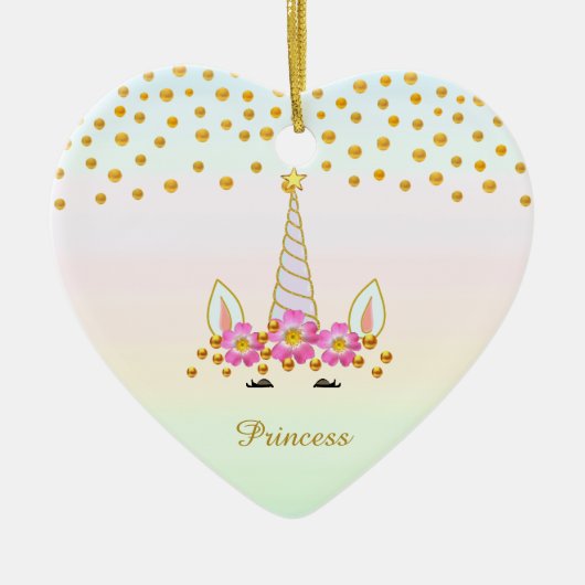 かわいいユニコーン、花+金色の紙吹雪 セラミックオーナメント (正面)