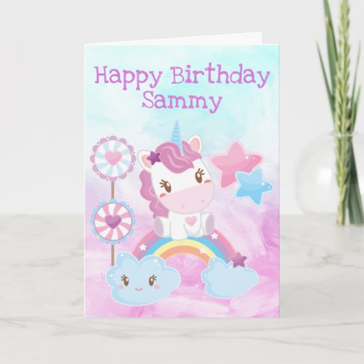 かわいいユニコーン、虹 & ロリポップの誕生日 カード (正面)