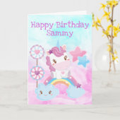 かわいいユニコーン、虹 & ロリポップの誕生日 カード (黄色い花)