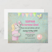 かわいいユニコーン/蝶ファースト誕生日招待状 ポストカード (正面/裏面)