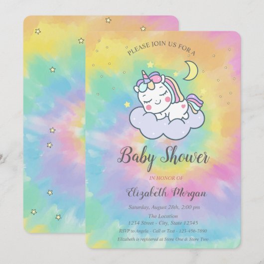 かわいいユニコーン 雲 星 タイダイ ベビーシャワー 招待状 (正面/裏面)