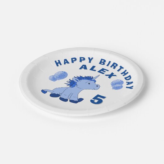 かわいいユニコーン 青い少年の誕生日パーティー ペーパープレート (アングル)