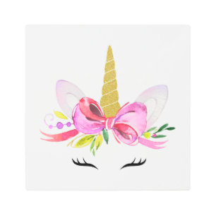 かわいいユニコーン，魔法のユニコーン，女の子子供部屋，ピンク メタルプリント