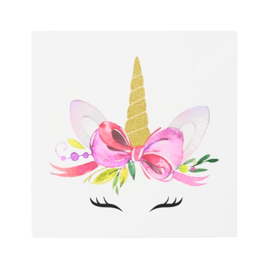 かわいいユニコーン,魔法のユニコーン,女の子子供部屋,ピンク メタルプリント (正面)