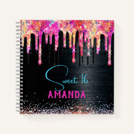 かわいいユニコーン 黒のグリッター 誕生日 モノグラム ノートブック