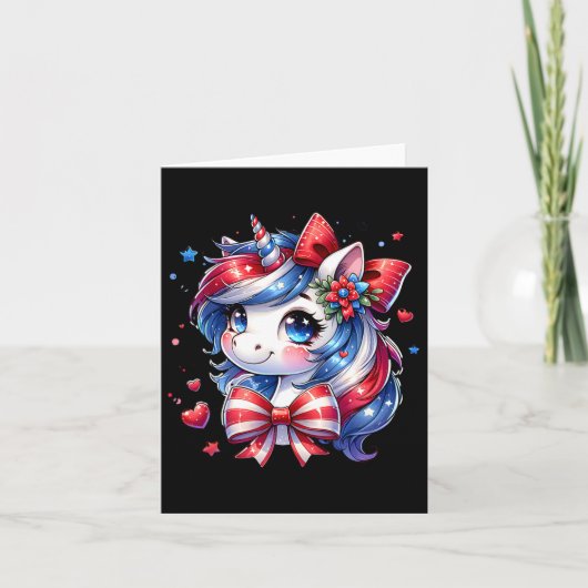 かわいいユニコーン 4th of July 女の子 キッズ アメリカ国旗 カード (正面)