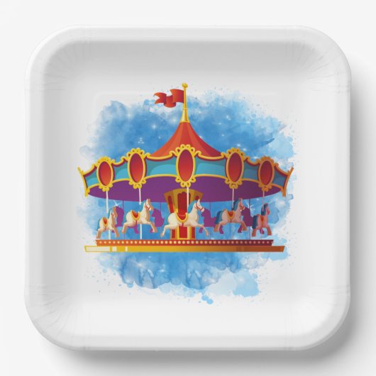 かわいいユニセックスキッズ回転木馬追加文字 ペーパープレート (正面)