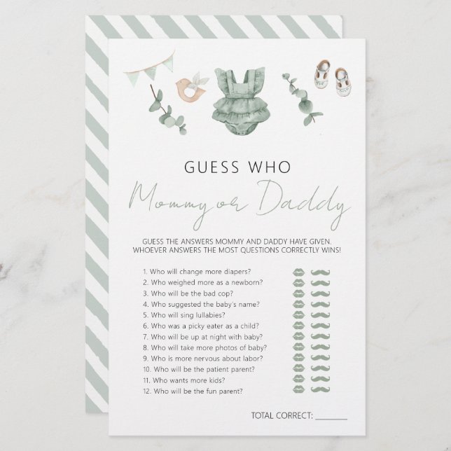 かわいいユーカリ赤ちゃんシャワーママまたはパパのゲーム (正面/裏面)