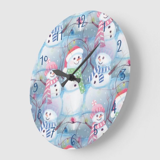 かわいいユーモアあふれる冬の季節の雪だるま水彩画アート ラージ壁時計 (傾斜)