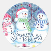かわいいユーモアあふれる冬の季節の雪だるま 水彩画アート ラウンドシール (正面)