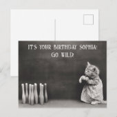 かわいいユーモアたっぷりのヴィンテージ猫の誕生日ボウリング ポストカード (正面/裏面)